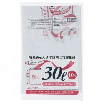 ジャパックス 容量表示入ポリ袋30L ピンクリボン 白半透明 10枚x60冊 TSP30