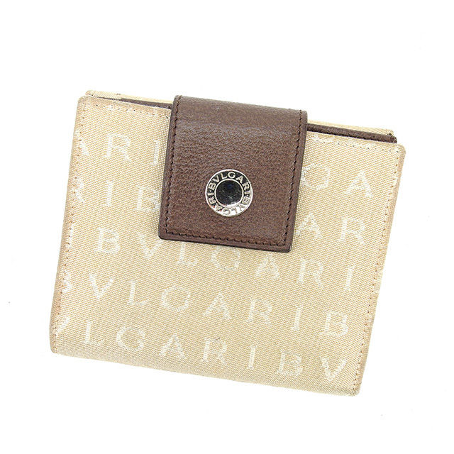 Wホック財布 二つ折り財布 ロゴマニア ベージュ ブラウン シルバー 中古