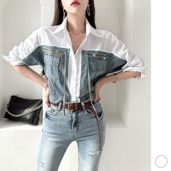 シャツ レディース 長袖 七分袖 トップス レイヤード 重ね着 デニム 配色 カジュアル おしゃれ 春 夏 韓国 to27367
