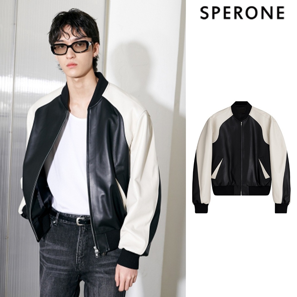 [SPERONE] [Real Leather] Lambskin Two Tone Stadium Jacket