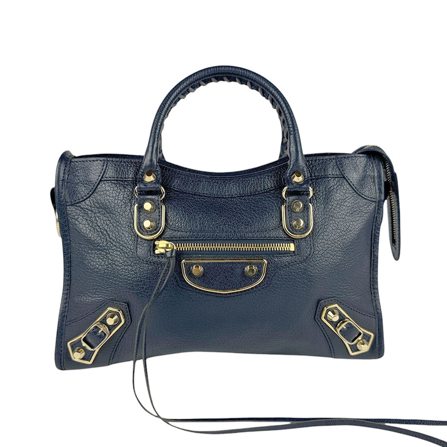 バレンシアガ BALENCIAGA ハンドバッグ 斜め掛けショルダーバッグ クラシックメタリックエッジシティ S レザー ネイビー ゴールド レディース z4045
