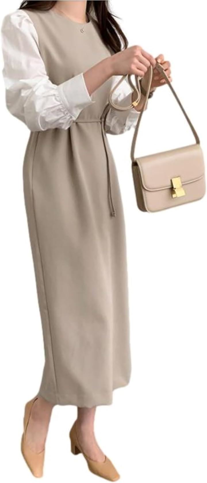 レイヤード風ワンピース ぽわん袖 ロング丈 ウエストマーク バイカラー 入園式 引き締め 切り替え 運動 大人女子 重ね着 ポッチャリ 婦人 華奢魅せ 爽やか 軽い(ベージュ, L)