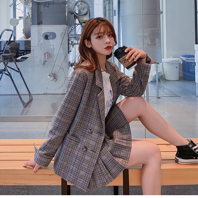 【急速出荷!】2色 セットアップ チェック柄 ジャケット スカート カジュアル スーツ 大人可愛い レトロ 個性的 プリーツスカート チェック トラッド 上下セット 長袖 ミニスカート 黒 白 茶 ブ