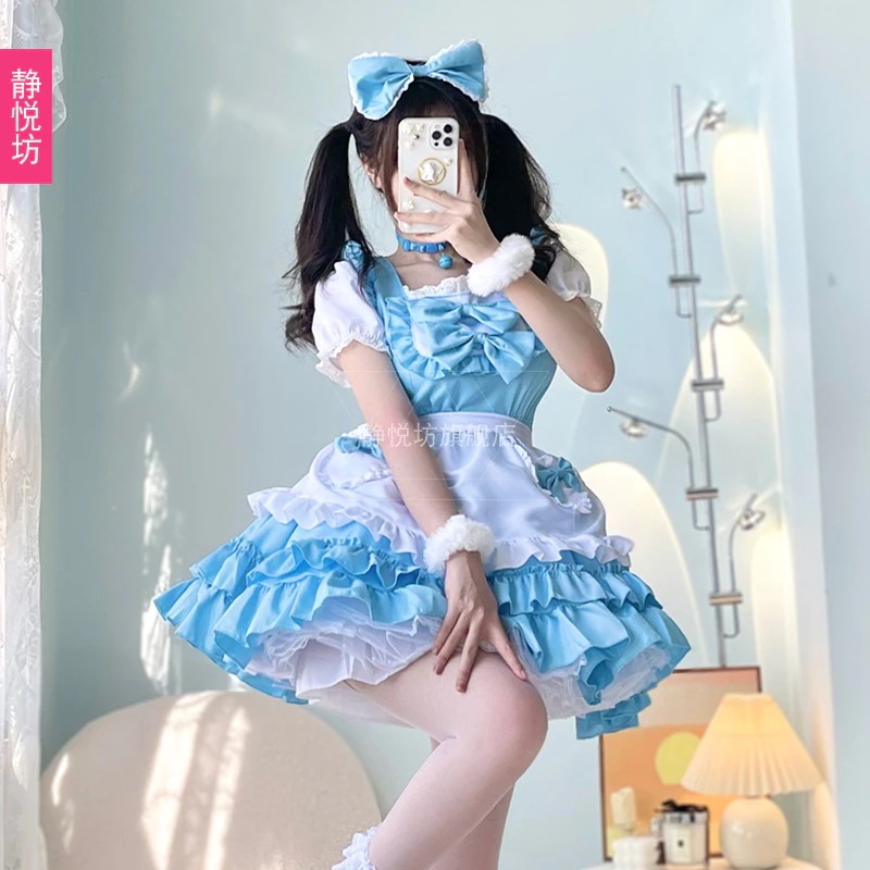 日本の青いアリスメイド衣装アニメロールプレイメイドロリータドレスコスプレ女性服