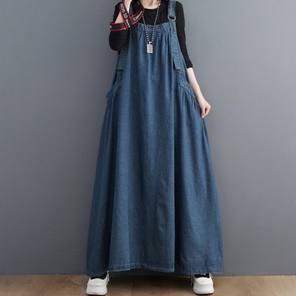 【No.1 人気商品】 カジュアル ノーカラー 大きめのサイズ感 プルオーバー ギャザー デニム ノースリーブワンピース レディース