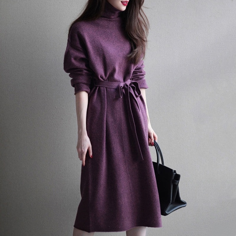 【女性魅力】 タートルネック ベルト 程よいフィット感 膝丈 ニットワンピース