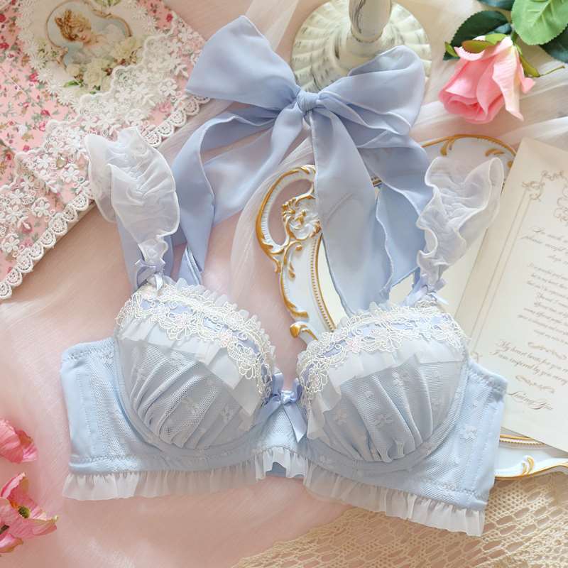 1つ買うとつ無料ヨス和女下着かわいい爽やかブルー吊り首ギャザー大きいサイズ巨乳小さめスチールリング付きブラセット