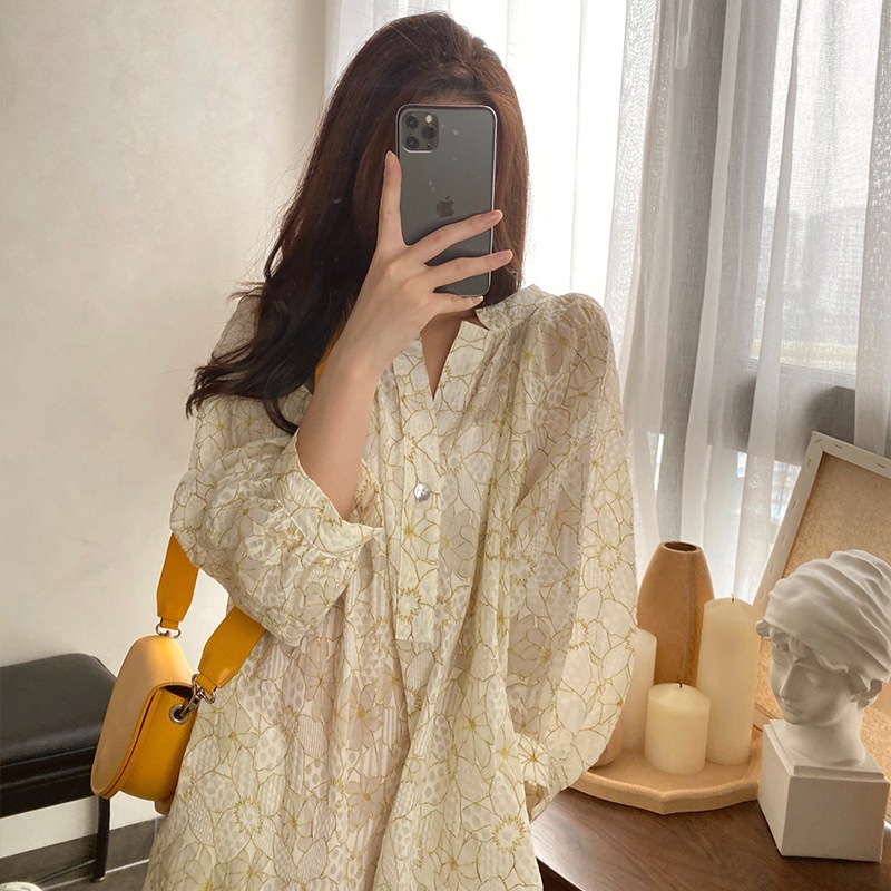 ワンピース シャツワンピース ワンピドレス 膝下 ロング丈 袖あり 7分袖 パフスリーブ Vネック セミフレア Aライン かわいい 大人可愛い シンプル 上品 おしゃれ 大人女子 こなれ感 ラブリー