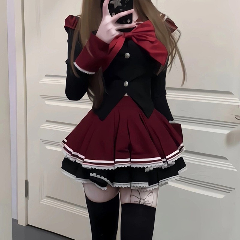 女性用JK制服セット春と秋セーラーカラーのリボントップカラーブロックのハイウエストスカートツーピースセット