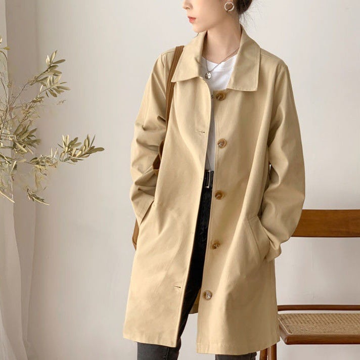 ステンカラーコート コート オーバー コート ロングコート ミドル丈 長袖 マニッシュ べっ甲ボタン ボタン 無地 温かい 防寒 防風 大人 上品 おしゃれ ファッション こなれ感 ルーズ 冬 lou