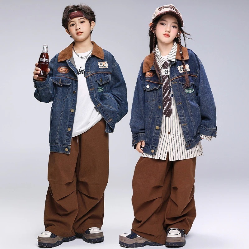 ストリートダンスキッズファッションヒップホップハンサムデニムジャケット少年ファッションブランドクールハンサムドラム元旦公演服