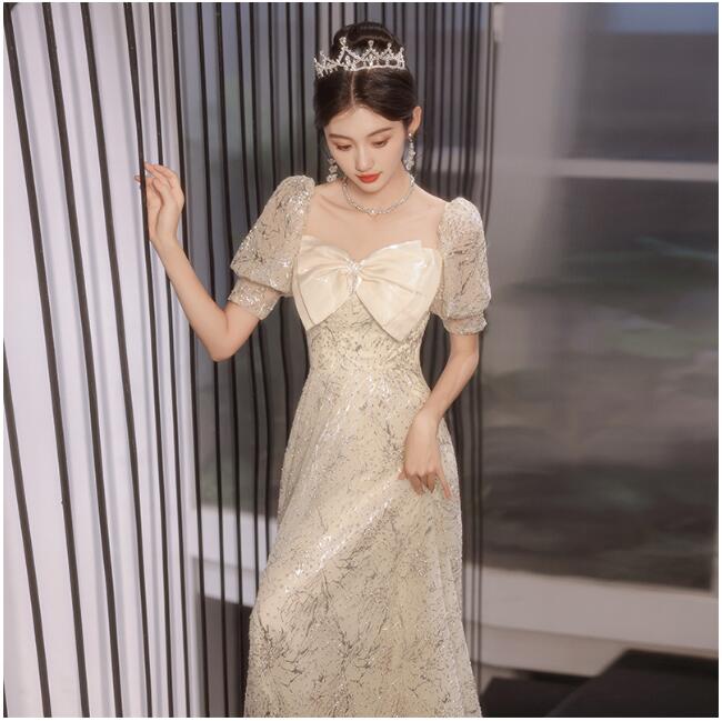 パーティードレス シャンパン色 ドレス 大人 ピアノ 発表会 高校生 中学生 イブニングドレス 二次会 ロングドレス 体型カバー 演奏会ドレス カラードレス 着痩せ Aライン ロング丈 キラキラドレス