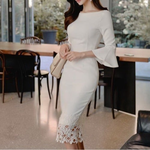 演奏会ドレス レディース 結婚式 二次会 お呼ばれ パーティー 同窓会 ミドル丈 レース エレガント トランペットスリーブ クルーネック ボードネック ホワイト 白 大人カジュアル 可愛い かわいい