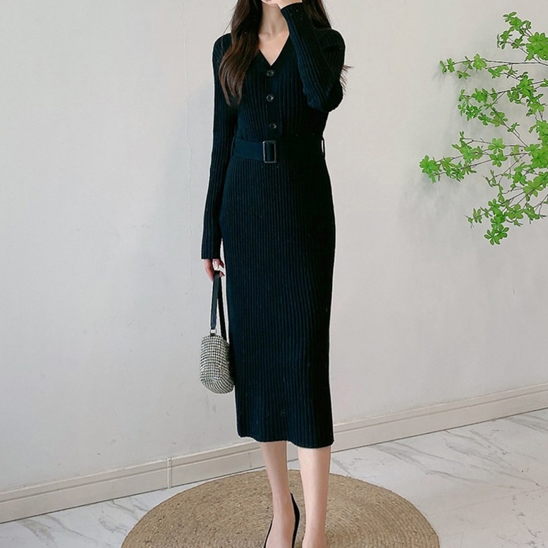 ワンピース レディース リブニットワンピース ミドル丈 タイト ベルト付き プリーツ ニット ドレス