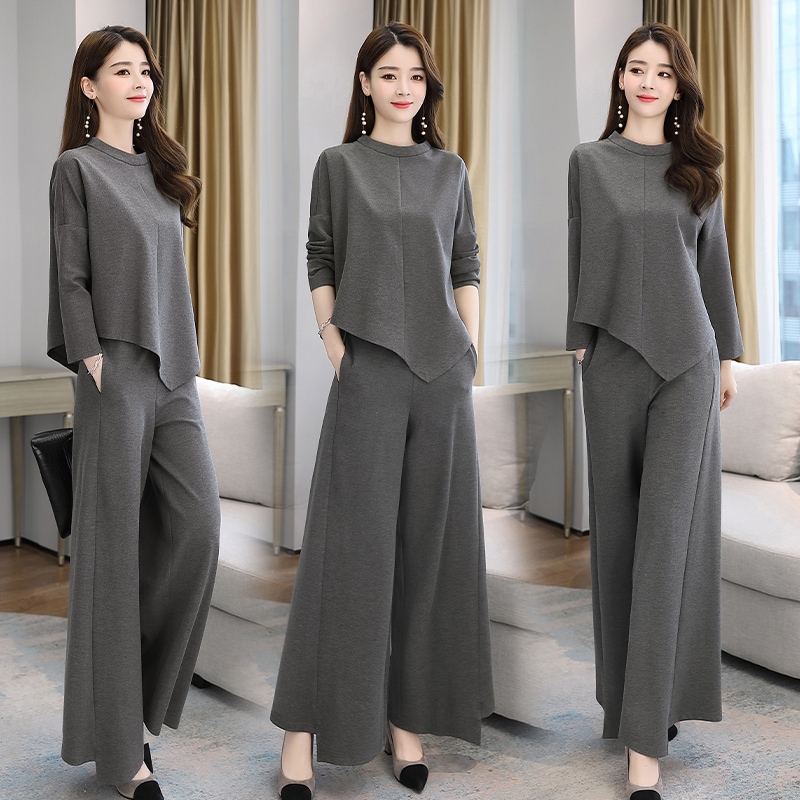 セットアップ トップス ボトムス カットソー ガウチョパンツ スカーチョ スカンツ ロング マキシ 袖あり 長袖 Uネック ウエストゴム 上下セット 2点セット シンプル カジュアル 大人 上品