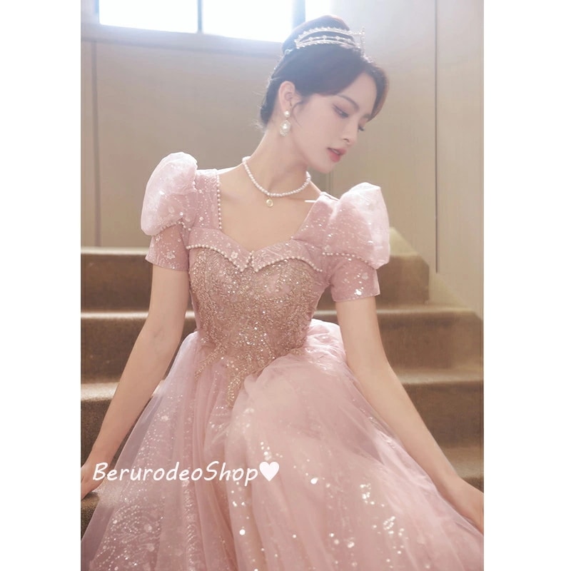 人気SALE イブニングドレス ピンク キラキラドレス スパンコール 結婚式ドレス 二次会ドレス パフスリーブ パール エレガント プリンセス風 ロングドレス 発表会ドレス パーティードレス ロング