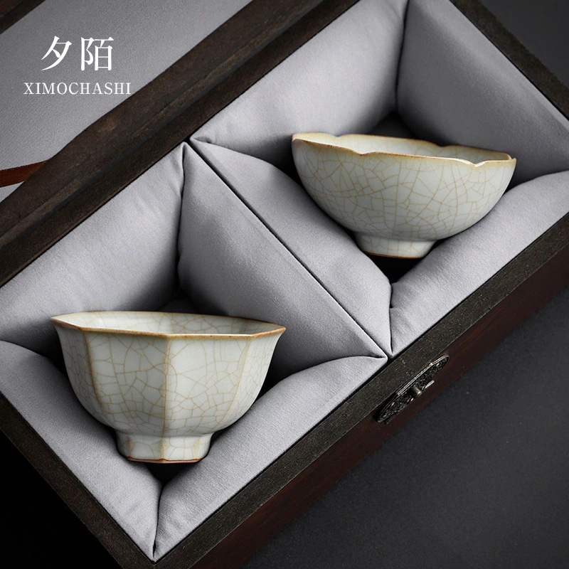 高級Ru窯カップルカップパウダーグリーンRu磁器クラックルラインティーカップ（男性と女性用）個人専用ホストカップとティーカップ