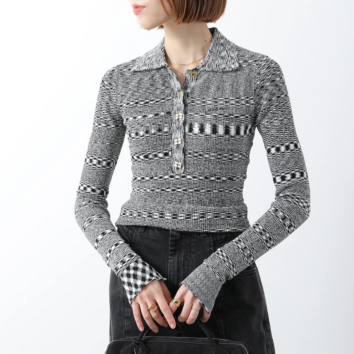 GANNI ガニー ポロニット Spacedyed Polo K2606 2748 レディース セーター ポロカラー ロゴ 刺繍 長袖 099/BLACK