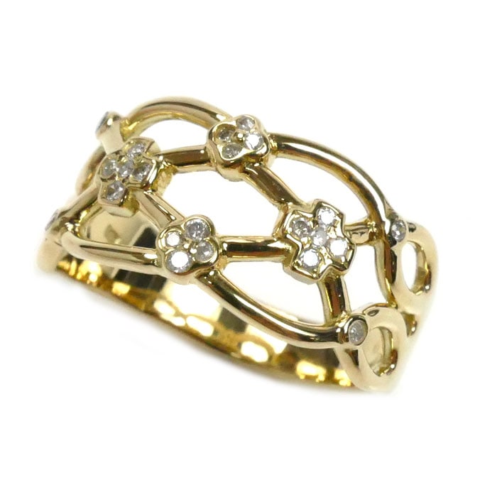 K18YG イエローゴールド リング・指輪 ダイヤモンド0.18ct 17号 6.4g 透かし フラワー レディース 中古