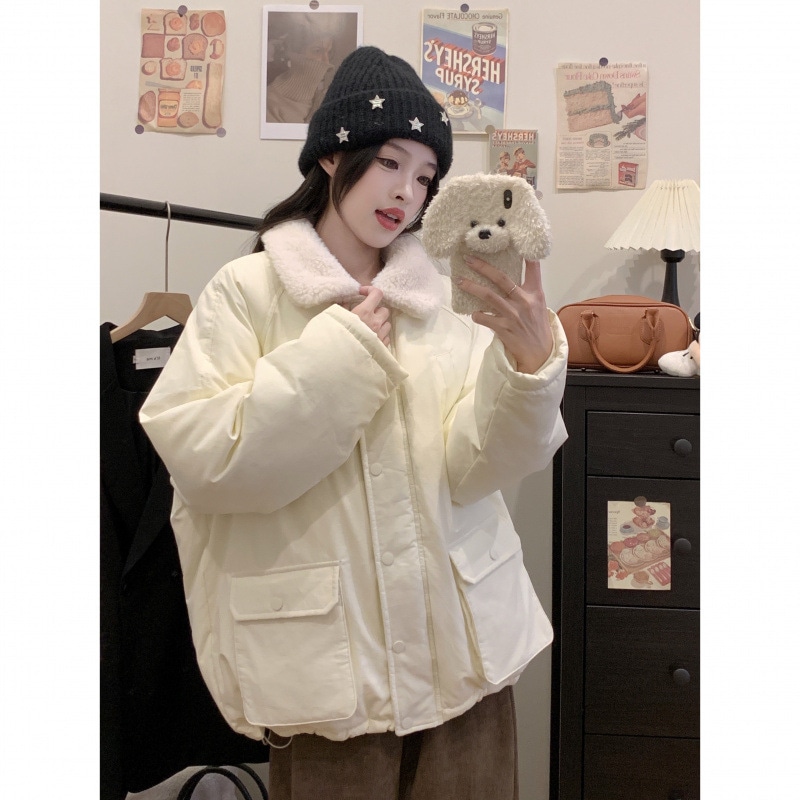 韓国版学院風つなぎ襟付き綿服女性冬の新型防寒パン服綿服