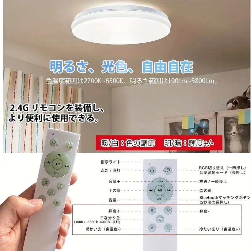 LEDシーリングライト 6畳 スピーカー付き RGBカラー調整 高輝度 リモコン付き 記憶機能 ナイトライト 工事不要 PSE