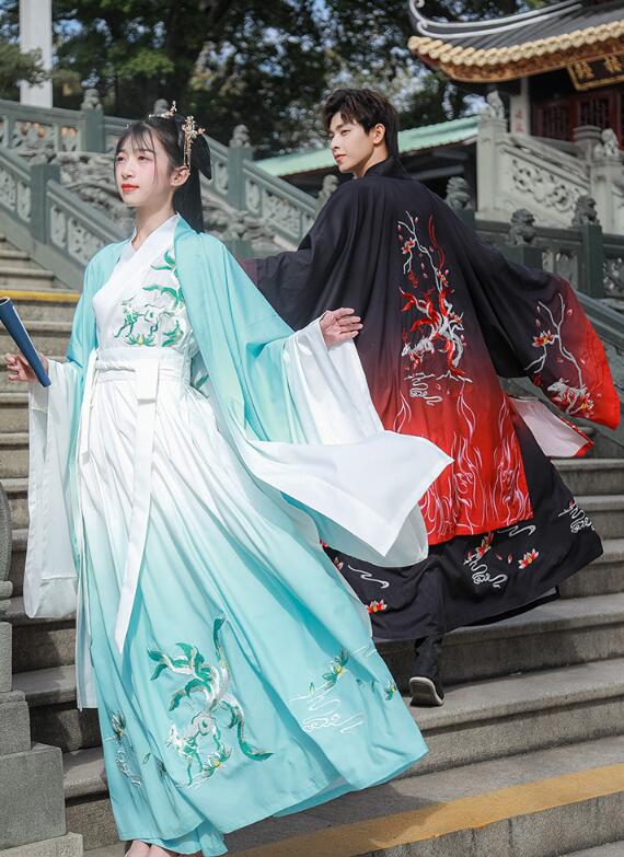 中華服　上下セット　男女兼用漢服唐装　豪華狐刺繍　白青　黒赤配色　オリジナルチャイナ風コスプレ衣装　ステージ舞台服　メンズ　レディース中華コスチューム　ハロウィン仮装　小袖広袖羽織　ロングスカート　送