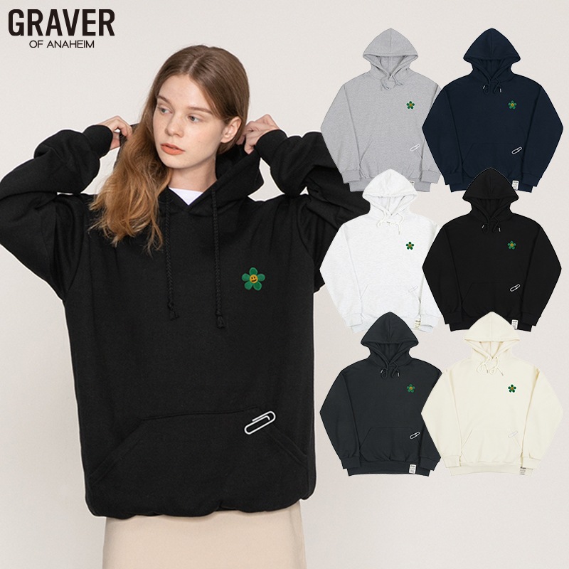 [UNISEX]グリーンフラワースマイル刺繍ホワイトクリップフードティー_6color