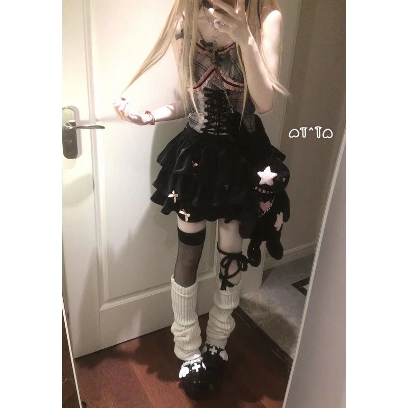 ロリータ 二次元 レトロギャル可愛い乙女感レースチェックキャミソールトップスハイウエストスカートセット