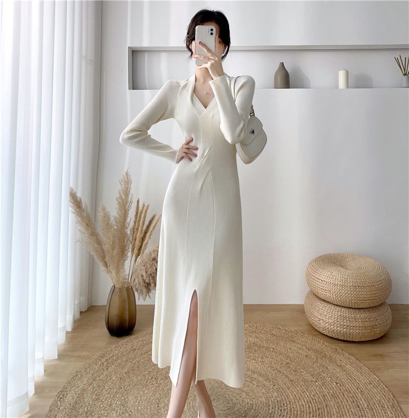 ウエスト薄ニットワンピース女性秋冬新作フレンチニッチデザインセーターワンピースボトムロングスカート