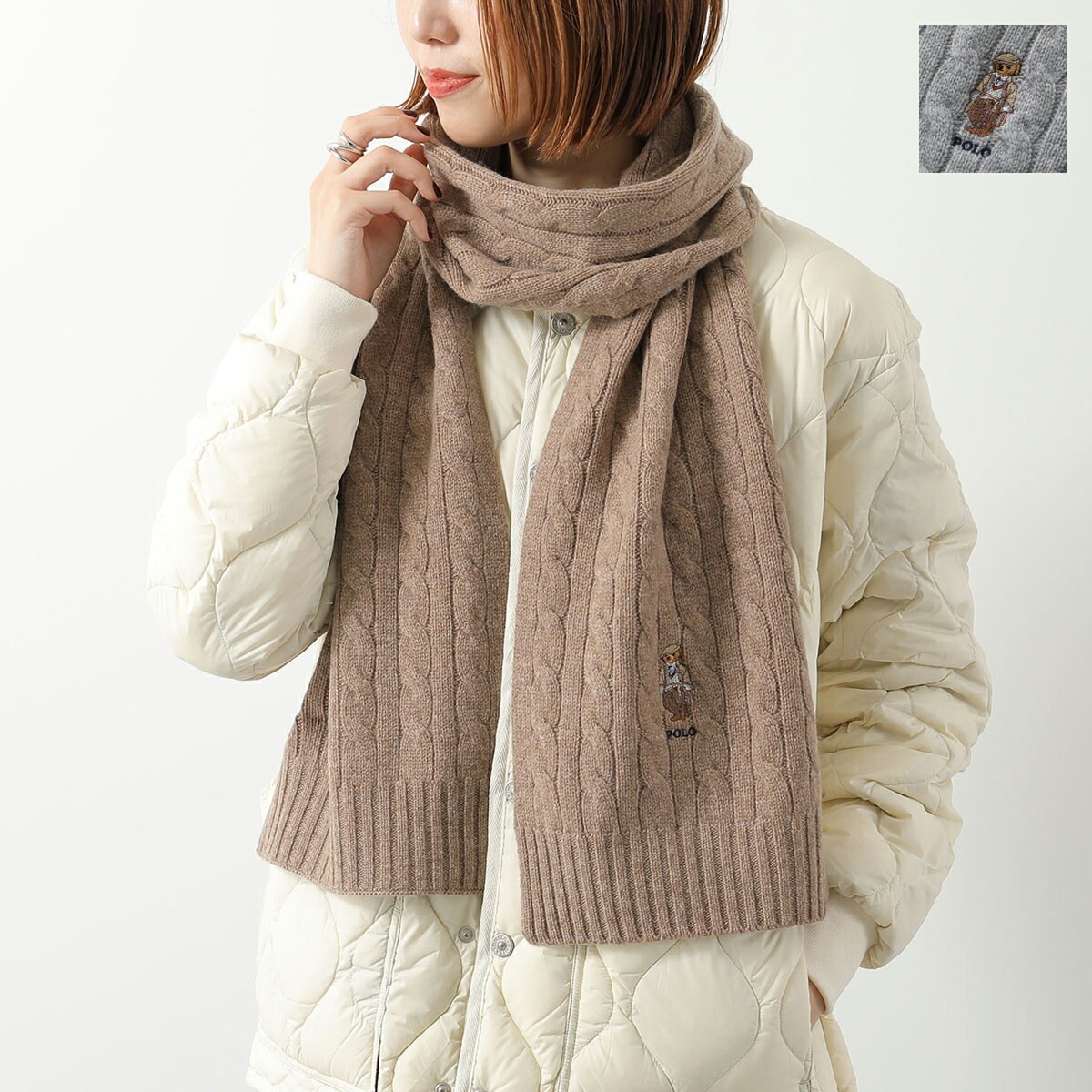 Polo Ralph Lauren ポロラルフローレン マフラー PC1453 レディース ニット テディベア ロゴ刺繍 ウール カシミヤ ケーブル ストール カラー2色