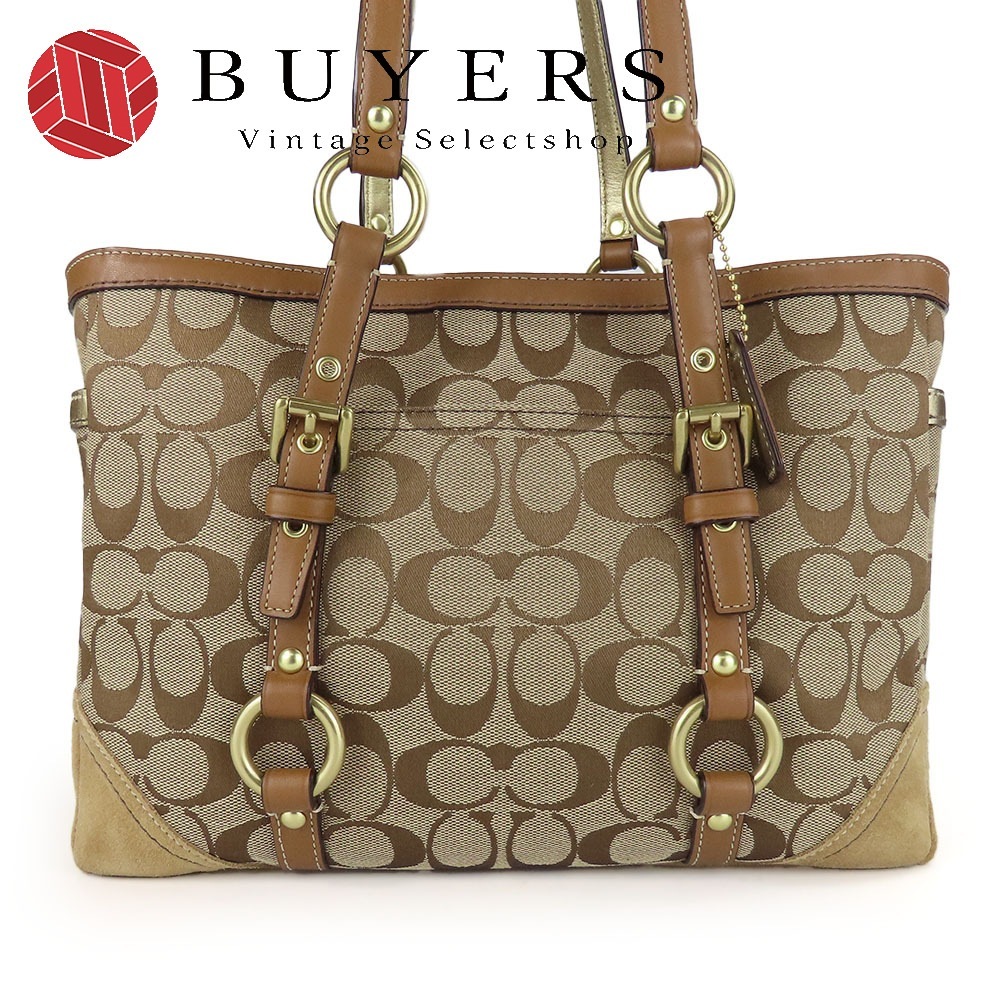 中古 トートバッグ 10384 シグネチャー キャンバス スウェード レザー ブラウン ベージュ ゴールド金具 肩掛け 普段使い レディース 女性
