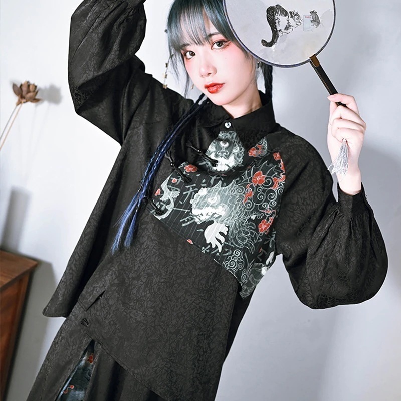 チャイナ風シャツ レディース 切り替えトップス ブラウス ジャガード暗紋 オリジナル 暗黒風