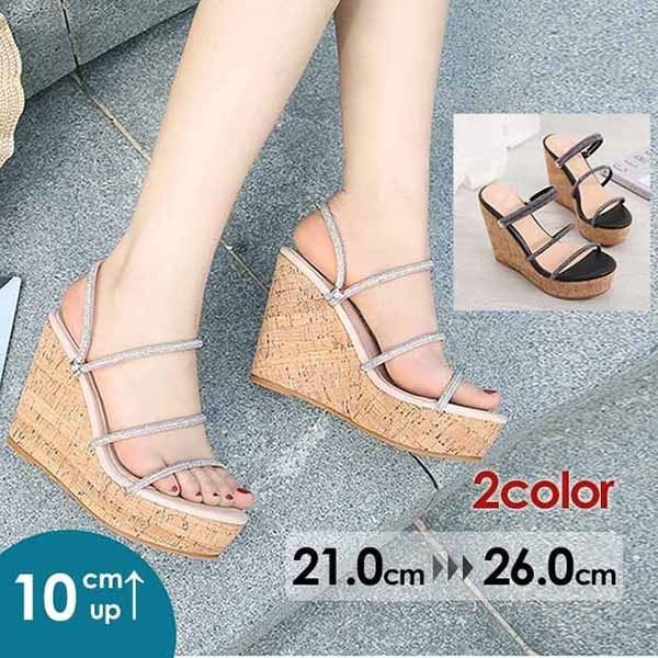 ウェッジソール サンダル 厚底 レディース 韓国 かわいい おしゃれ 可愛い かわいい オシャレ 脚長 ヒール10センチ リゾート 大きいサイズ26.0 小さいサイズ21.0 ブラッ