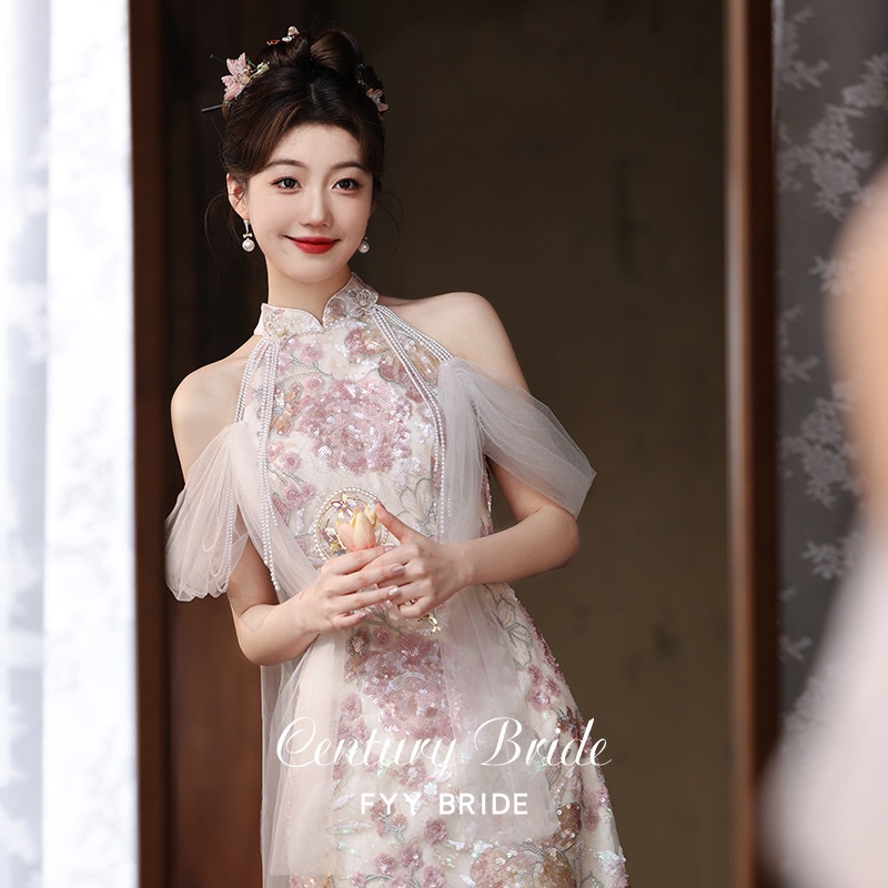 敬酒服2025新新婦掛け首高級感小衆軽奢亮片朝衿中国式婚約ドレス女