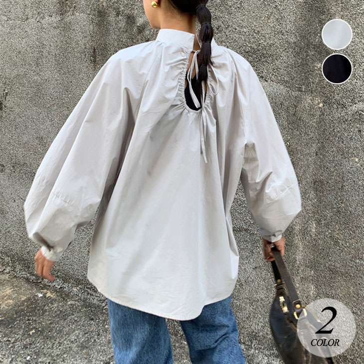 長袖 ワイド シャツ レディース 春 秋 ワイドヘム シャツブラウス ブラウス スタンドカラー きれいめ シンプル ボリュームスリーブ ボリューム袖 カジュアル ワイドシャツ ワイドブラウス 韓国ファ