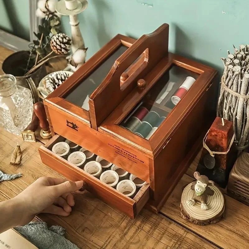 木製 ソーイングボックス 裁縫箱 収納箱 薬箱 裁縫道具 針箱 手芸道具 洋裁 和裁 小物入れ レトロ ヴィンテージ ハンドル付き 引き出し フタ付き 昭和