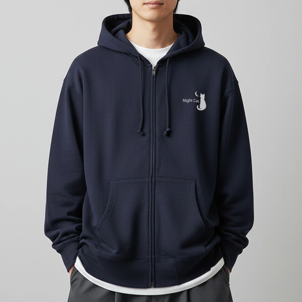 【Night Cat】ロゴ入り フルジップパーカー 10oz 裏パイル (ネイビー) 夜猫 ストア かわいい 猫 ロゴ マーク クール ストリート 通学 通勤 6,853円