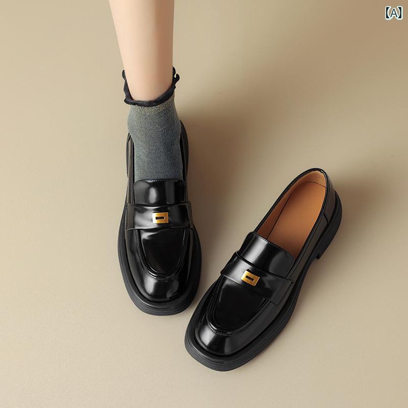 ローファー レディース 通学 通勤 学生 カレッジ 仕事 オフィス 英国 スタイル 厚手 ヒール スリッポン 小さい 革靴 女性 ラウンドトゥ ポリッシュ レザー ミディアム ヒール 深口