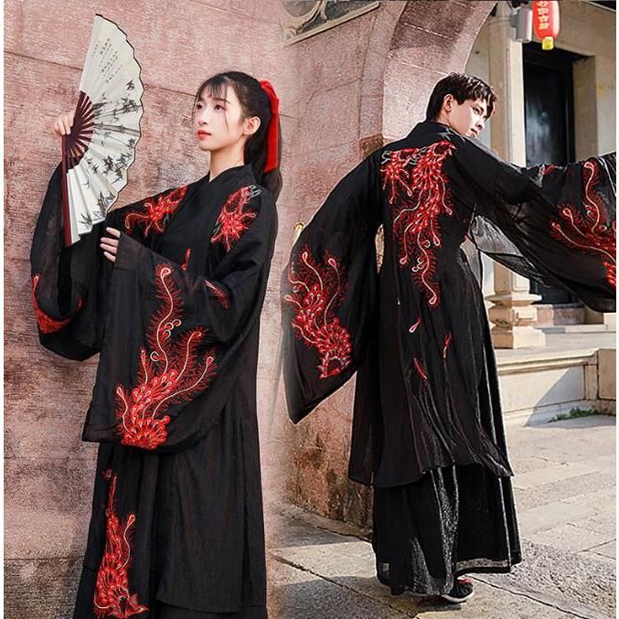 暗黒系 チャイナ服 漢服 中華コスプレ衣装 男女兼用 大人 華流 コスチューム ハロウィン衣装 中国古代時代劇 コスプレ 黒に赤い朱雀 刺繍 華やか 中華服 イベン