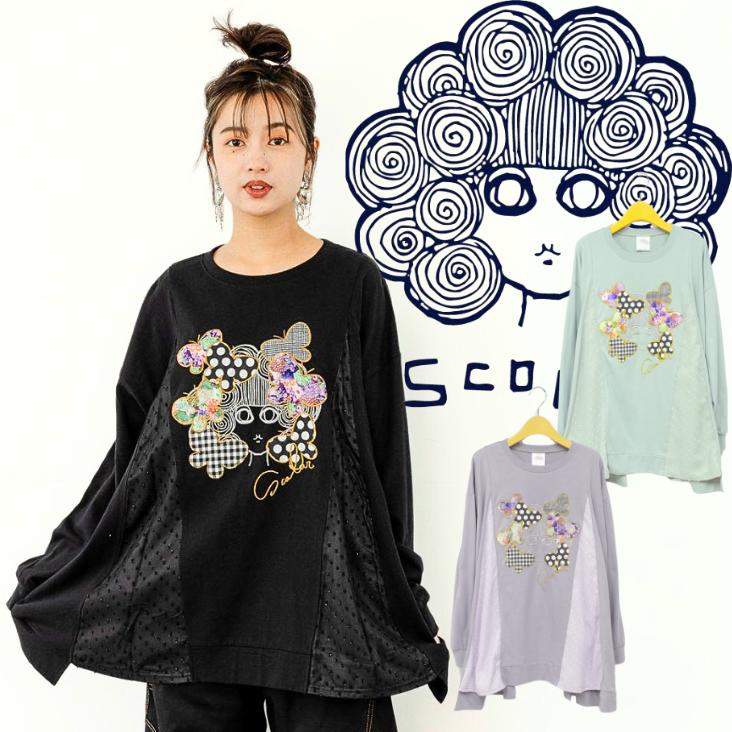 ScoLar スカラー 蝶とスカラーちゃんの刺繍アップリケチュニック かわいい 個性的 トップス ゆったり 柔らかい レトロ レディース インパクト 刺繍 143615