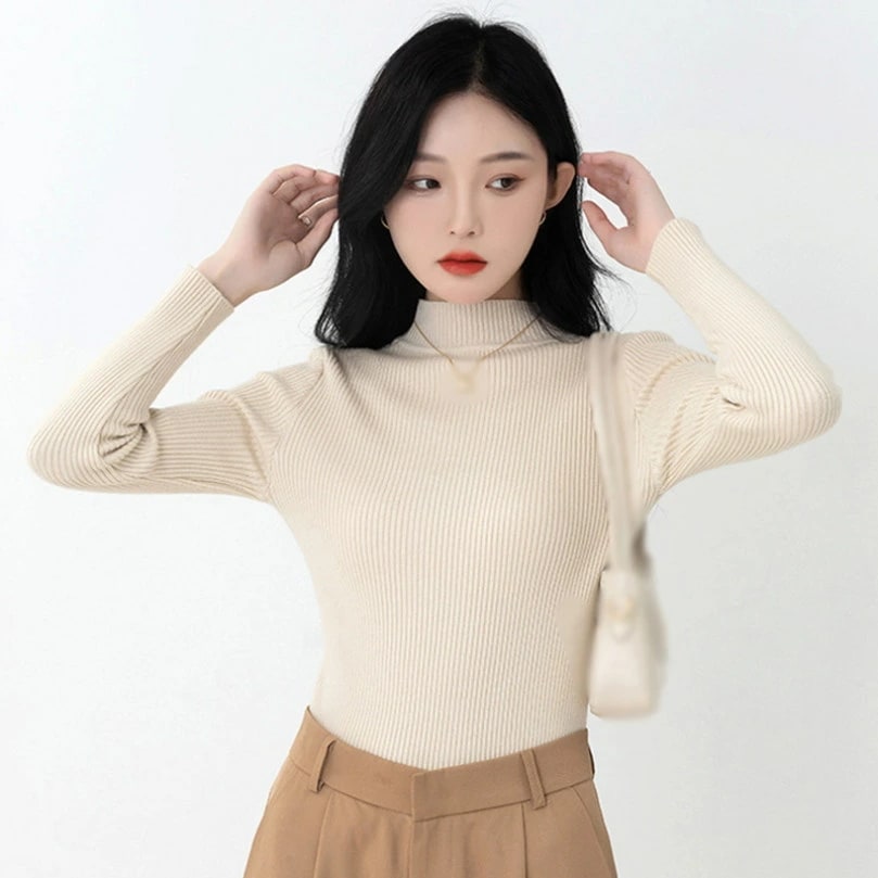 クーポン リブニット タイト 細見え ニットセーター 長袖 レディース リブ ハイネック 秋ニット セーター タートルネック ベーシック トップス 秋セーター 伸縮性 トップス インナー フェミニン