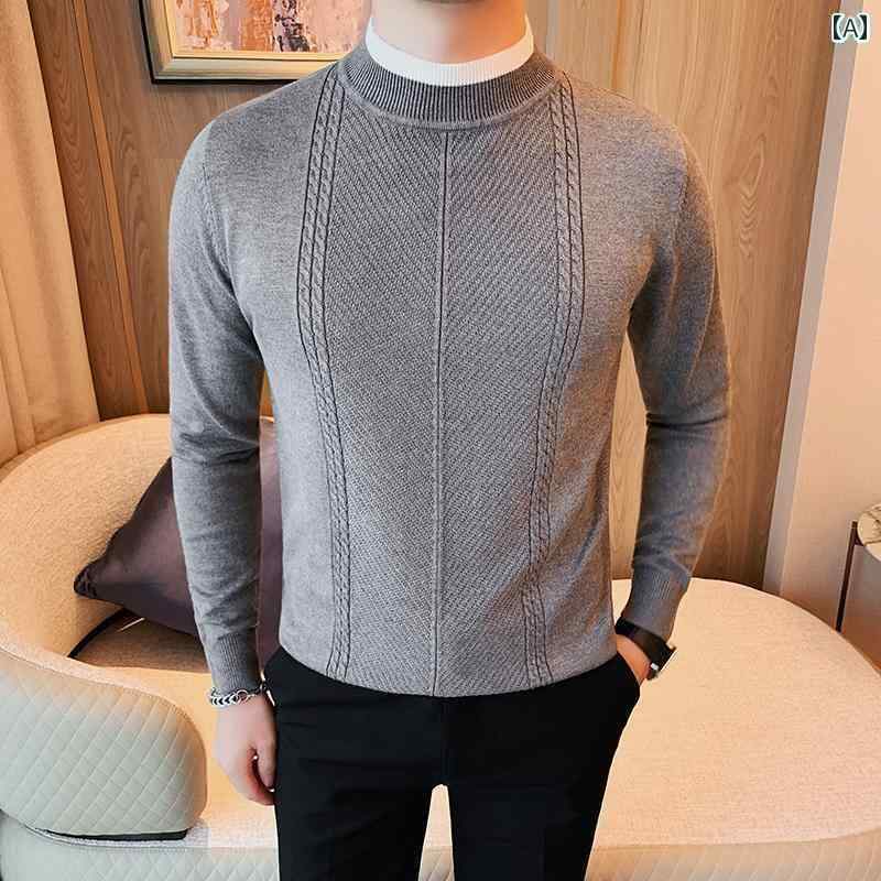 トップス シャツ メンズ ハーフ タートルネック セーター 冬 ハイエンド スリム フィット カラー ブロック ツイスト ミッド カラー ニット