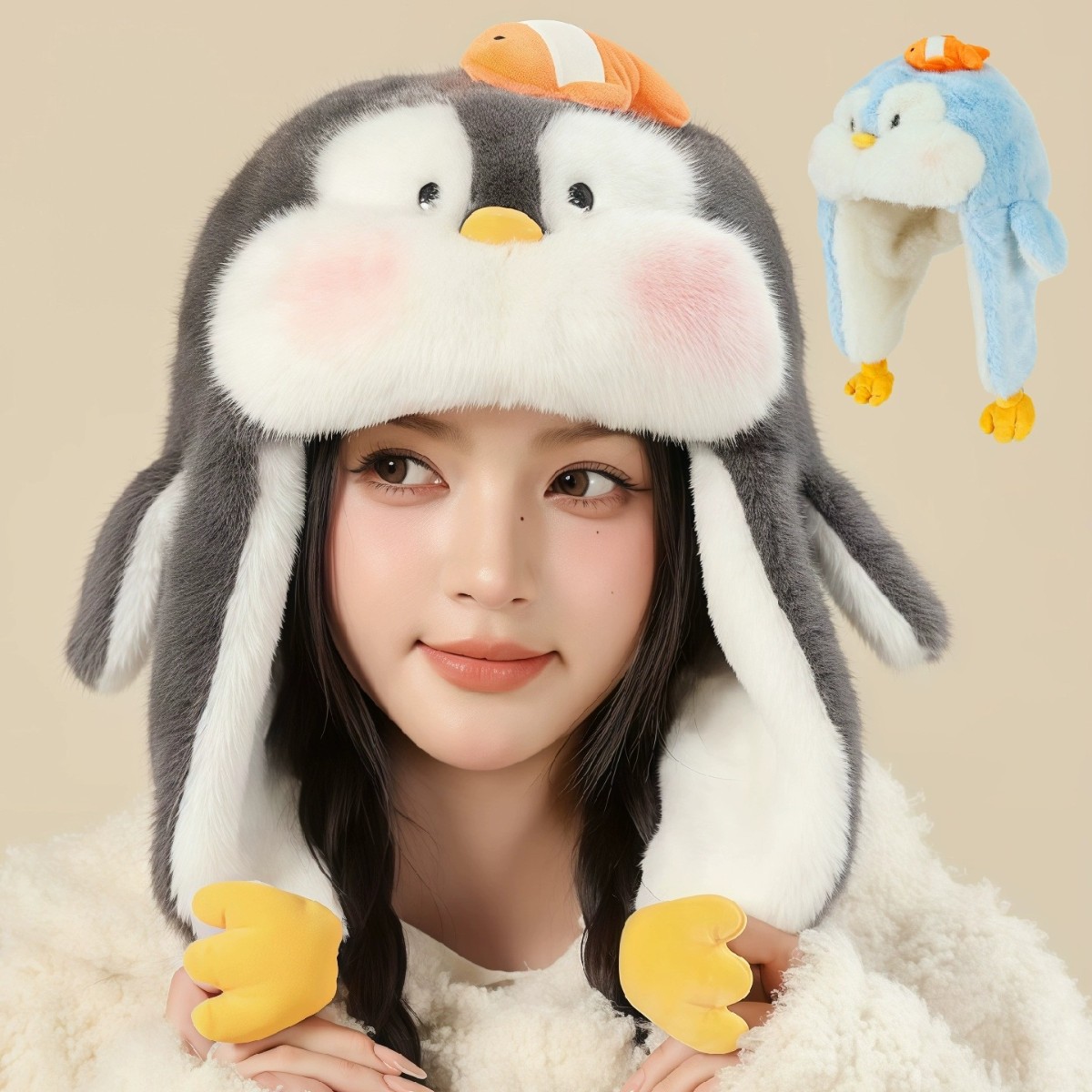 10個セット キャラクターペンギンの小魚保温帽子女の子のかわいい動物のぬいぐるみが可動する滑り止め保温帽子
