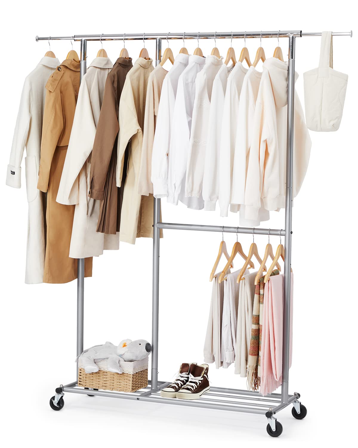 HOKEEPER ハンガーラック パイプハンガーラック 耐荷重150KG 業務用 大容量 収納ラック 物干し スタンド 洋服ハンガー 衣類収納 棚付き 縦横伸縮 高さ調節可能(シルバー) 8,657円