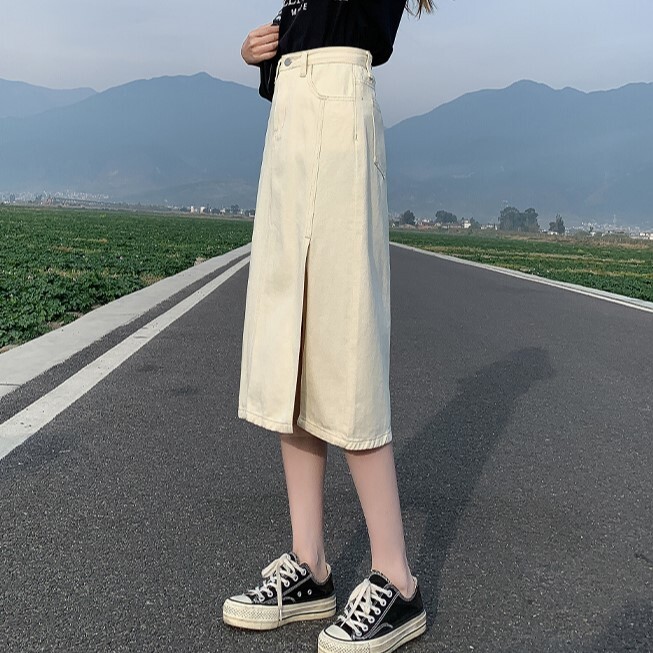 デニム デニムスカート スリット スカート ボトムス ロングスカート 膝下 ミモレ丈 ミディアム丈 Aライン アシンメトリー ポケット ハイウエスト ブルーデニム 個性的 アプリコット ネイビー