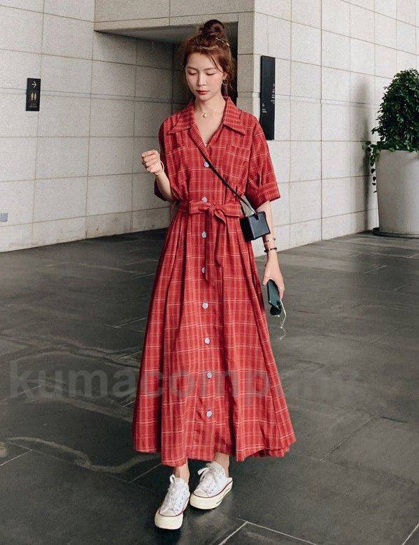シャツワンピース ロング 半袖 レディース 襟付き チェック ワンピース 春 夏 ロングワンピース マキシワンピース カジュアル オープンカラー 開襟 ウエストマーク ウエストリボン 大きいサイズ レ 6,956円