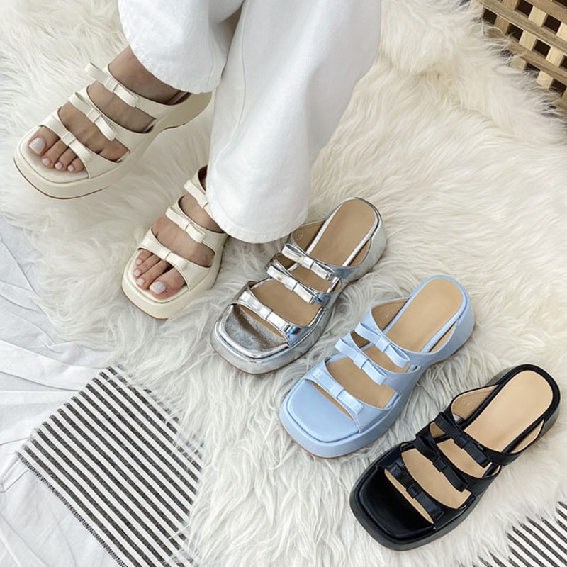 可愛いリボン付きデザイン スクエアトゥ 厚底 デイリー サンダル ミュール 4color 5,491円