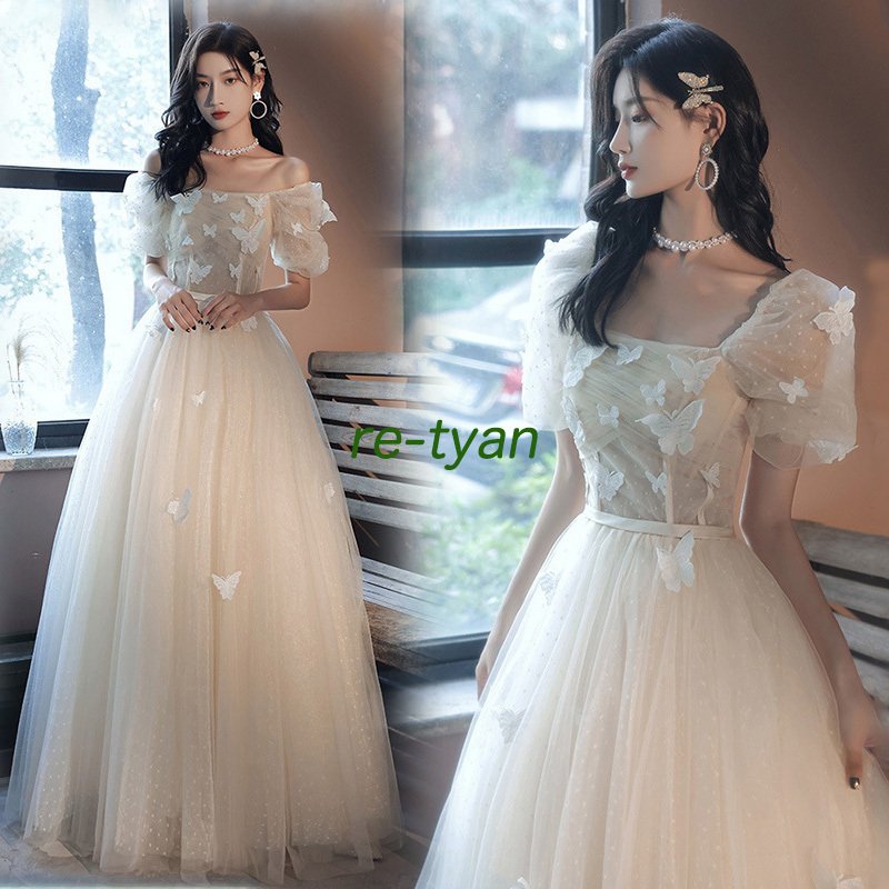 韓国ファッションウエディングドレス チュールスカート Aライン 花嫁ドレスエンパイアドレス ロングドレス オフショルダー 格安 お呼ばれフォーマル演奏会発表会お洒落 可愛い