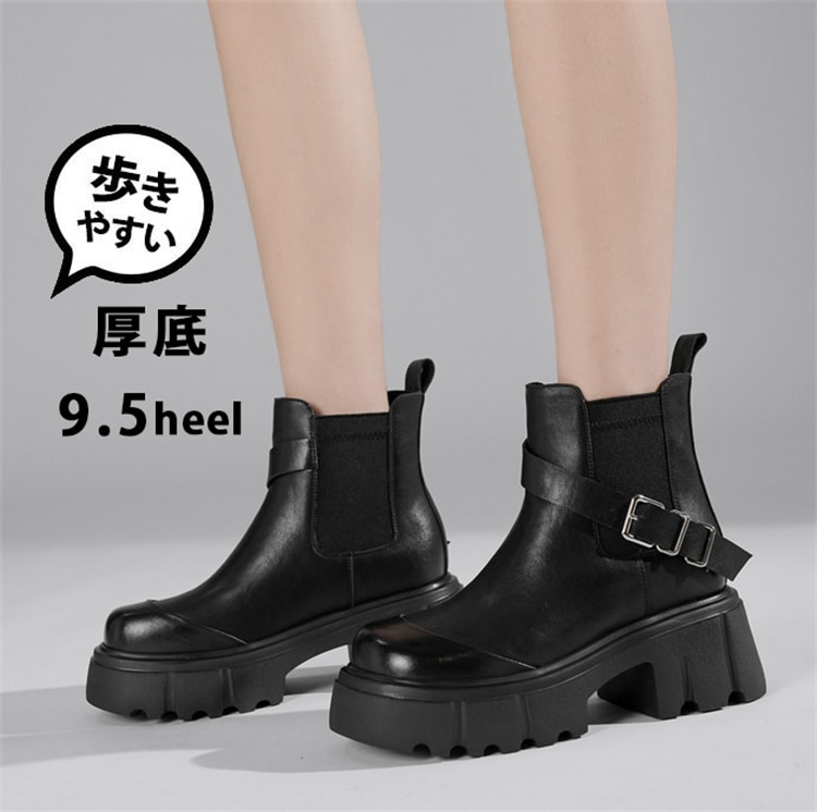 ショートブーツ レディース ブーツ 厚底ブーツ 9.5cmヒール サイドゴア ミドルブーツ 歩きやすい ゆったり ローヒール ボリュームソール 軽量 フェイクレザー 厚底ソール 歩きやすい 滑らない