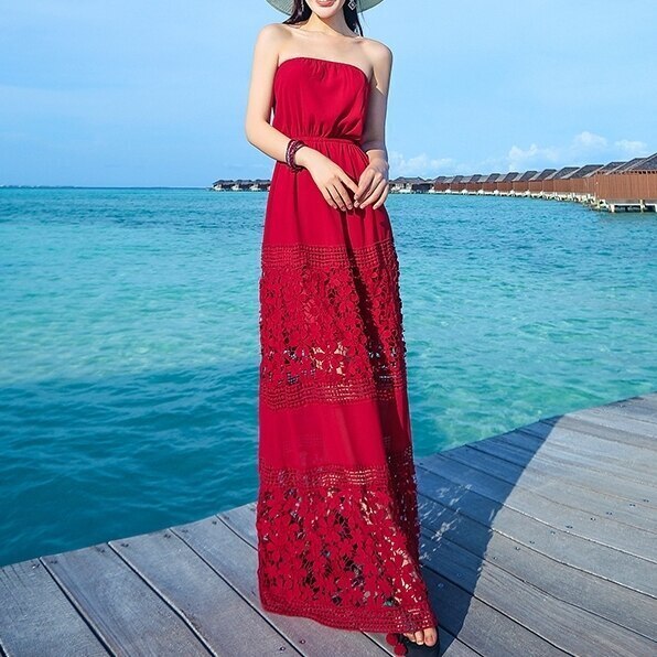 ワンピース　ロングワンピース　ロング マキシ　マキシワンピース　 リゾートドレス　オフショルワンピース　チューブトップ レース ウエストマーク ハイウエスト　フレア　フリル　おしゃれ　カワイイ 韓国